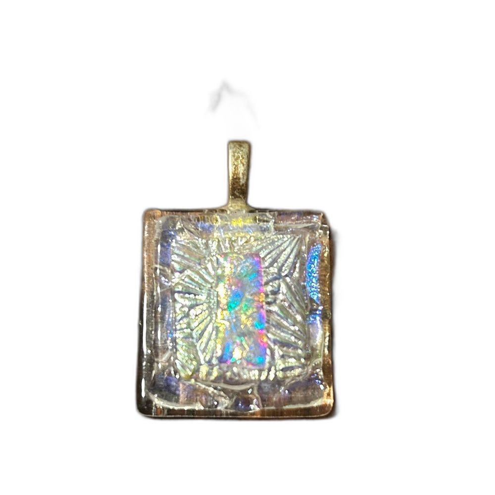 Vintage Dichroic Glass Pendant Iridescent Square Silver Shimmer Bohemian